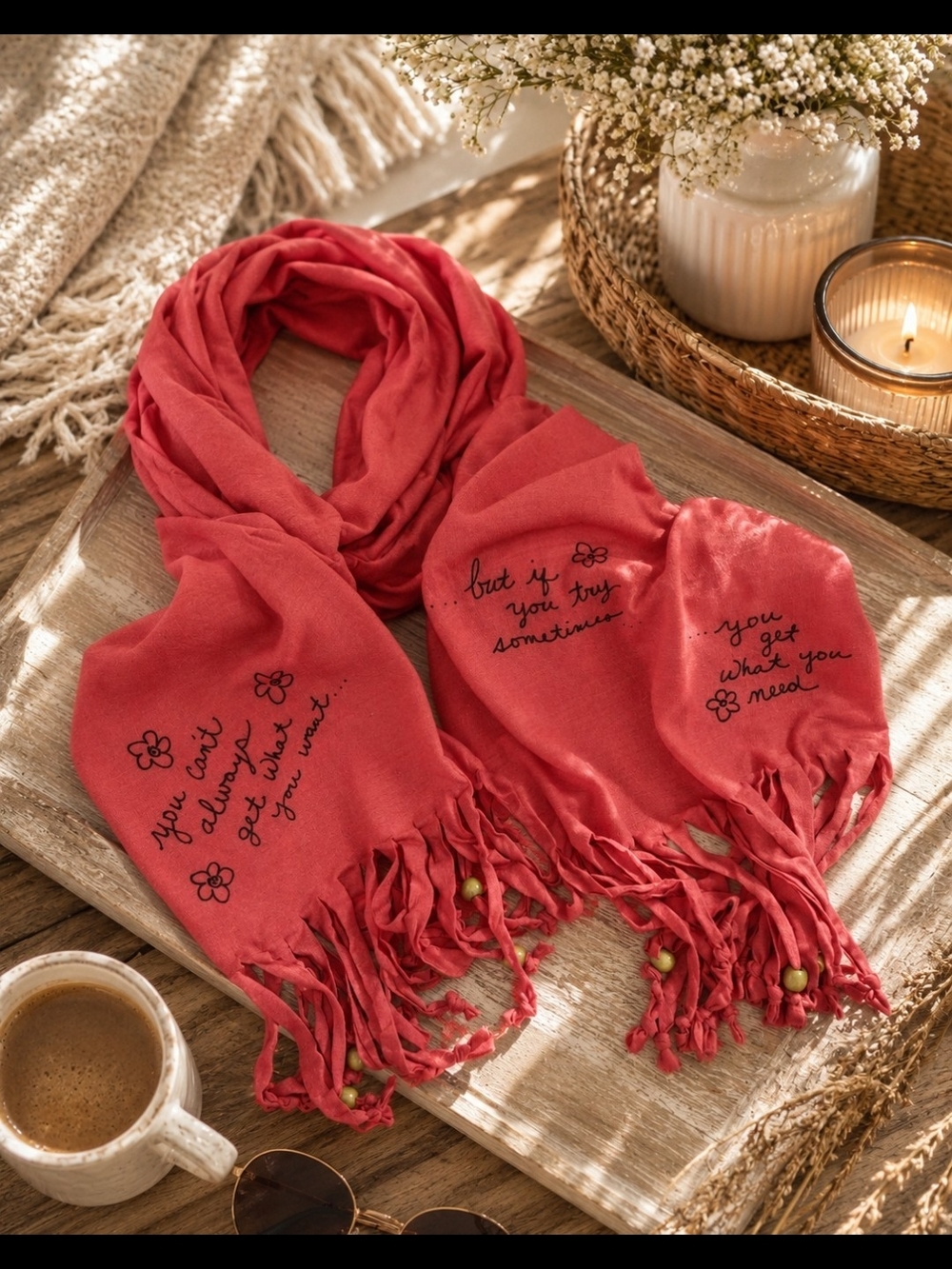 NATURAL LIFE Beaded Fringe Scarf, SONG LYRICS, Rare, Super Soft, Boho Year Round